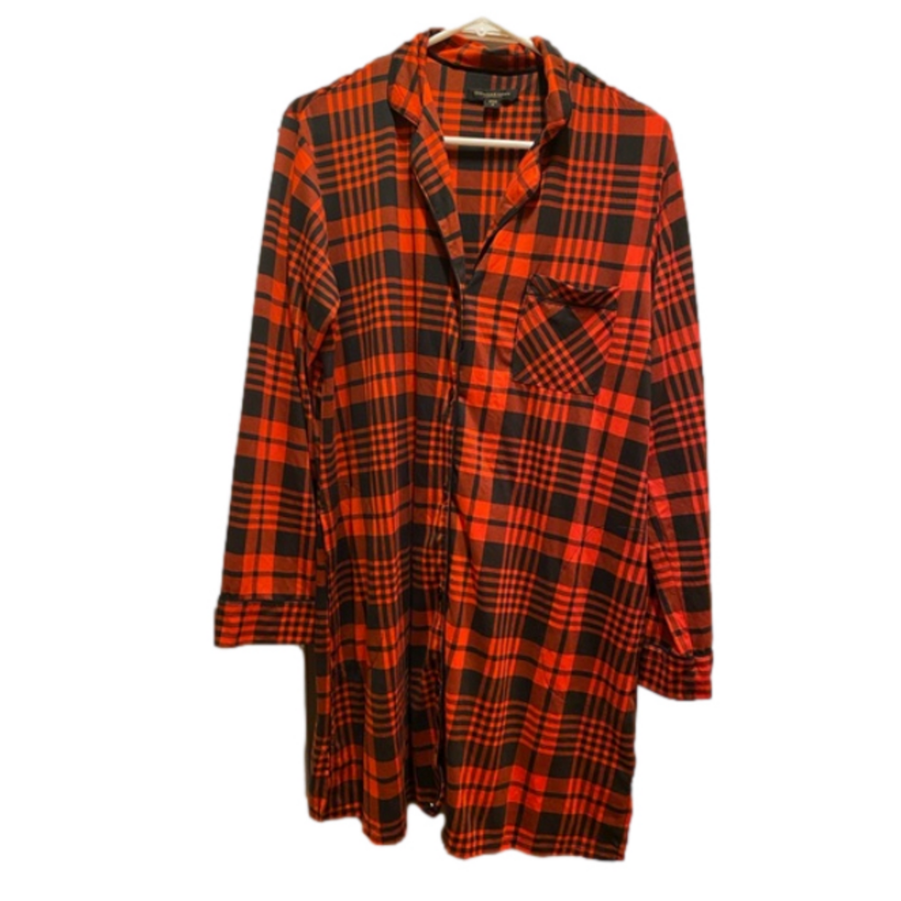 Donna Karan Red Black Plaid Flannel Sleep Shirt Button Down Nightgown Satin Trim